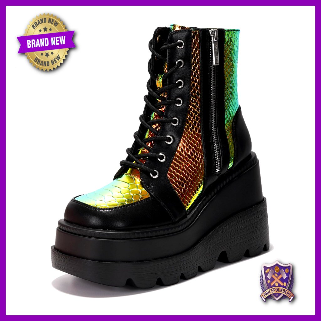 Platform Ankle Boots With Chunky Heels, Pointed Toe, Buckle Strap